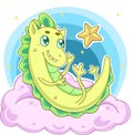 cute green baby dragon on a pink fluffy cloud with many sparkling stars around it and one big golden star